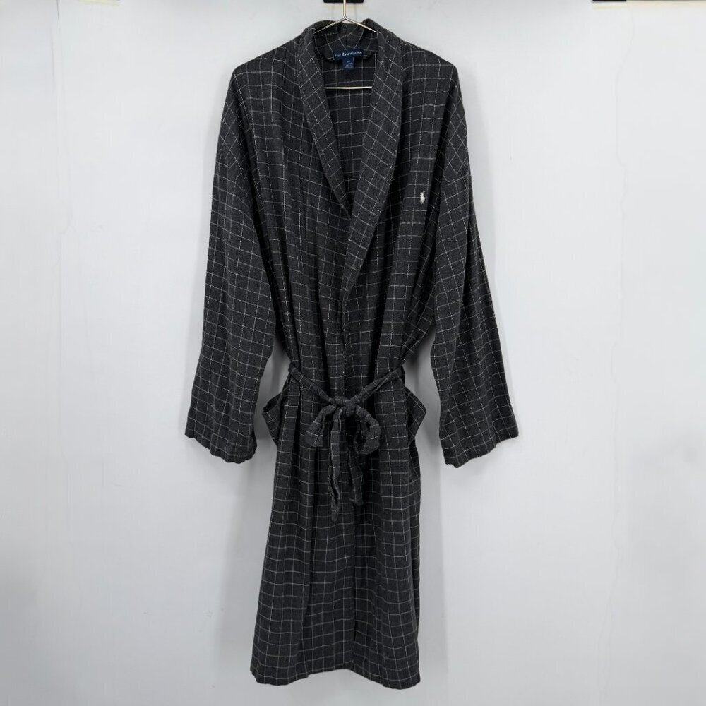Polo Ralph Lauren Gray Windowpane Robe Cotton Bathrobe Belted Mens L/XL